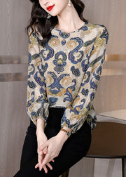 Fine Apricot O Neck Print Patchwork Silk T Shirt Tops Spring