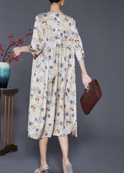 Fine Apricot Print Lace Up Silk Vacation Dresses Half Sleeve