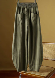 Fine Army Green Pockets Elastic Waist Ice Silk Lantern Pants Fall