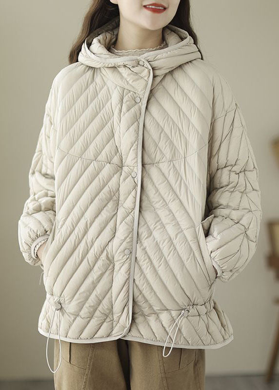 Fine Beige Hooded Drawstring Duck Down Puffer Coat Winter