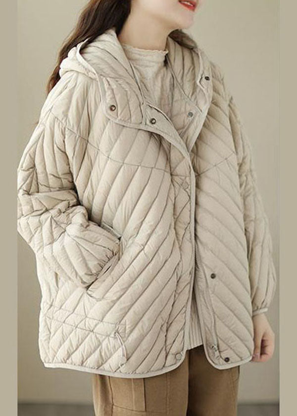 Fine Beige Hooded Drawstring Duck Down Puffer Coat Winter