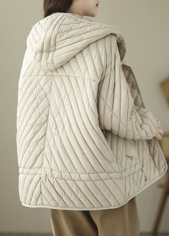 Fine Beige Hooded Drawstring Duck Down Puffer Coat Winter