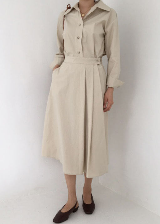 Fine Beige Peter Pan Collar Wrinkled Patchwork Cotton Dress Spring