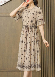 Fine Beige Ruffled Embroideried Exra Large Hem Silk Cinched Dress Summer