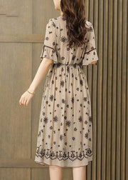 Fine Beige Ruffled Embroideried Exra Large Hem Silk Cinched Dress Summer