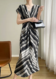 Fine Black Asymmetrical Striped Silk Dress Summer