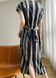 Fine Black Asymmetrical Striped Silk Dress Summer