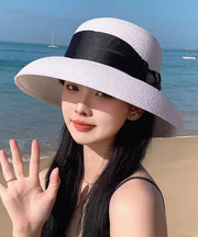 Fine Black Bow Straw Woven Bucket Hat Sun Hat