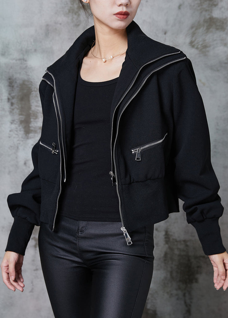 Fine Black Double Zipper Patchwork Cotton Jackets Spring