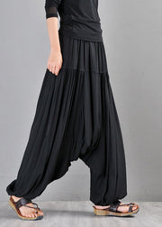 Fine Black Elastic Waist Patchwork Cotton Beam Pants Summer