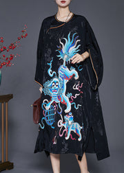 Fine Black Embroidered Jacquard Silk Dresses Spring