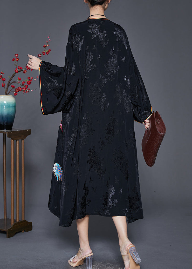 Fine Black Embroidered Jacquard Silk Dresses Spring