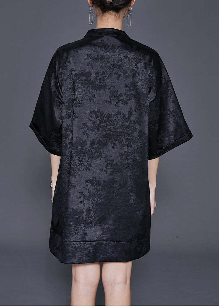 Fine Black Embroideried Chinese Button Silk Mini Dress Half Sleeve