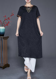 Fine Black Embroideried Hollow Out Silk Long Dresses Summer