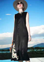 Fine Black Embroideried Patchwork Silk Dresses Sleeveless