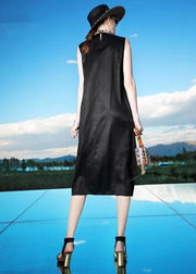 Fine Black Embroideried Patchwork Silk Dresses Sleeveless