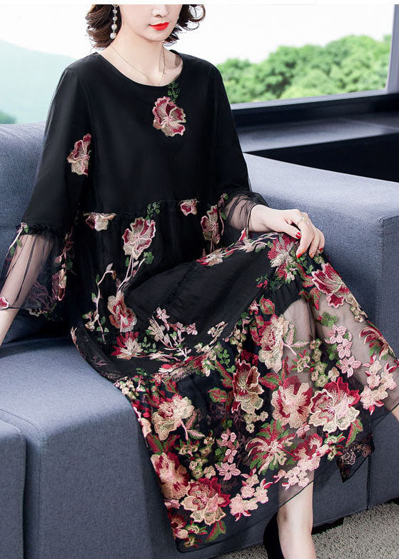 Fine Black Embroideried Patchwork Tulle Long Dress Bracelet Sleeve