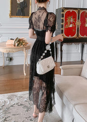 Fine Black Floral Lace Vest And Maxi Dress Two Pieces Set Short Sleeve