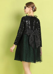 Fine Black Green Ruffled Sequins Bow Patchwork Tulle Mid Dress Summer