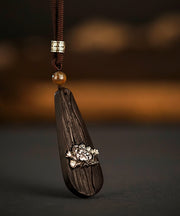 Fine Black Hand Knitting Sandalwood Peony Water Drop Pendant Necklace