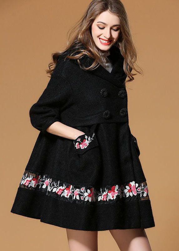 Fine Black Hooded Embroideried Woolen Coats Half Sleeve