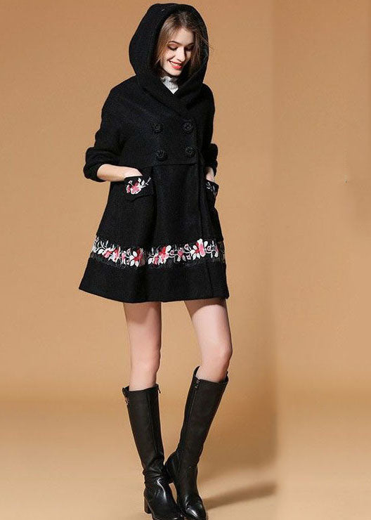 Fine Black Hooded Embroideried Woolen Coats Half Sleeve