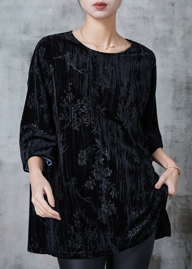 Fine Black Jacquard Patchwork Silk Velour Shirt Top Spring