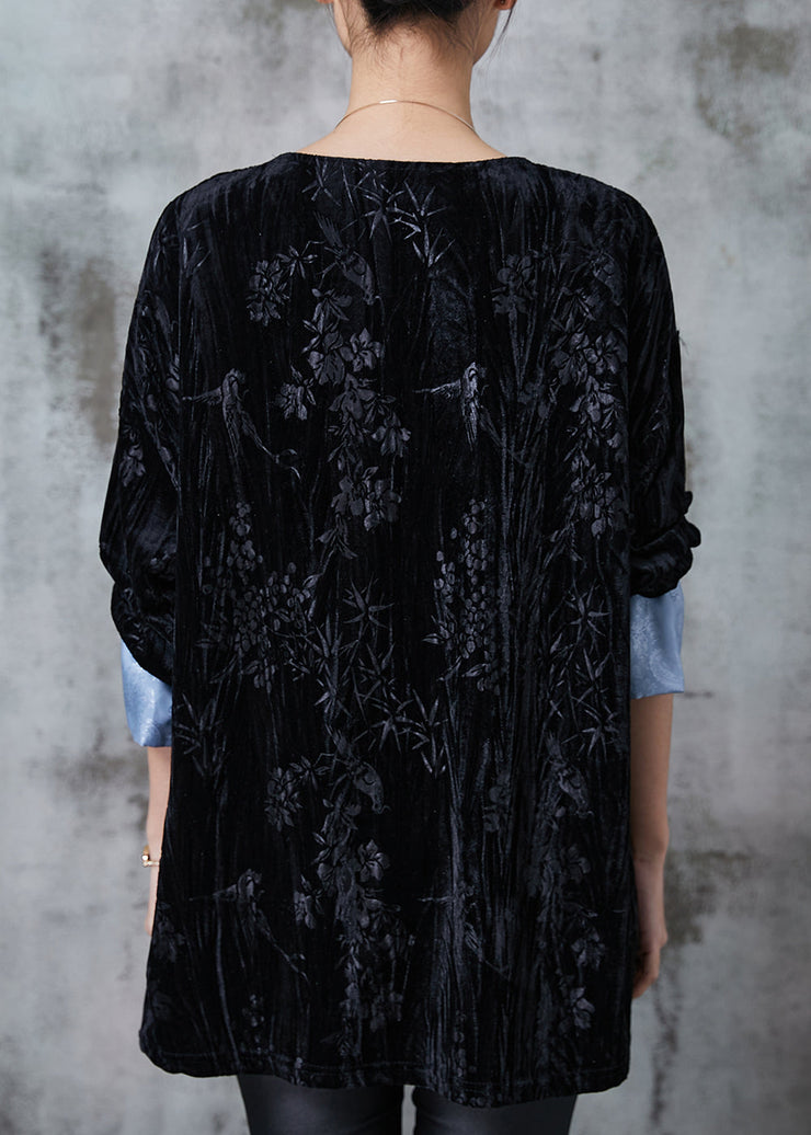 Fine Black Jacquard Patchwork Silk Velour Shirt Top Spring