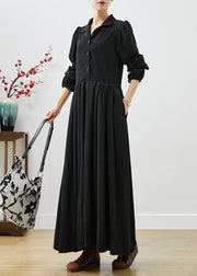 Fine Black Lapel Exra Large Hem Corduroy Holiday Dress Puff Sleeve