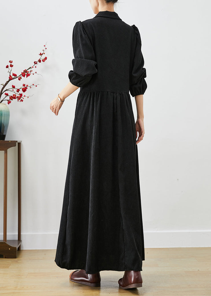 Fine Black Lapel Exra Large Hem Corduroy Holiday Dress Puff Sleeve