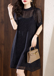 Fine Black Letter Print Chiffon Dress Two Pieces Set Summer