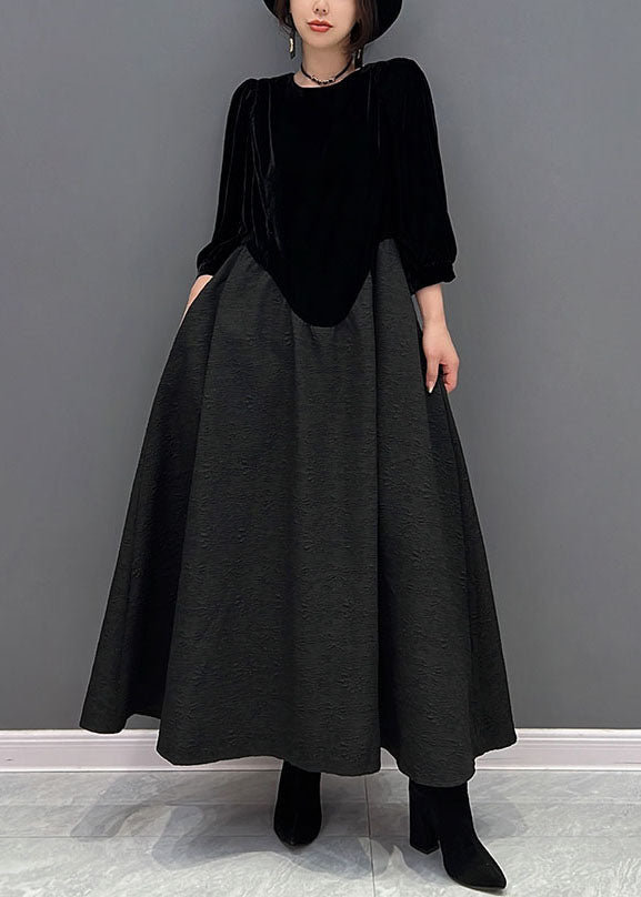 Fine Black O-Neck Asymmetrical Patchwork Silk Velour Dress Fall