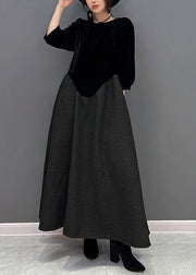 Fine Black O-Neck Asymmetrical Patchwork Silk Velour Dress Fall