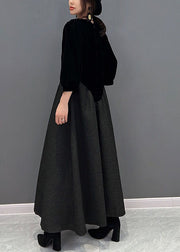 Fine Black O-Neck Asymmetrical Patchwork Silk Velour Dress Fall