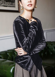 Fine Black O-Neck Asymmetrical Silk Velour Top Long Sleeve