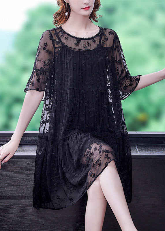 Fine Black O-Neck Embroideried Wrinkled Tulle Dress Two Pieces Set Summer