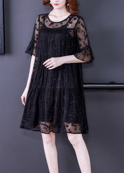 Fine Black O-Neck Embroideried Wrinkled Tulle Dress Two Pieces Set Summer