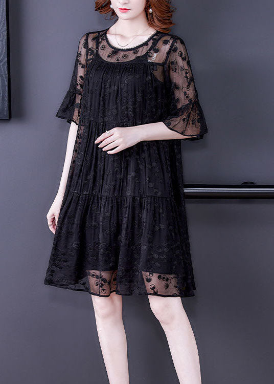 Fine Black O-Neck Embroideried Wrinkled Tulle Dress Two Pieces Set Summer