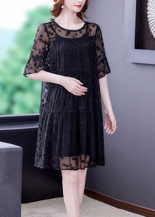 Fine Black O-Neck Embroideried Wrinkled Tulle Dress Two Pieces Set Summer