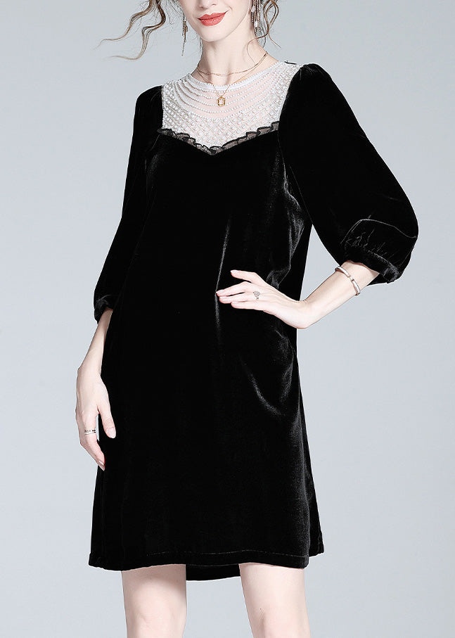 Fine Black O-Neck Lace Patchwork Velour Mid Dress Spring