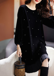 Fine Black O Neck Nail Bead Patchwork Velvet Dress Fall