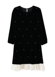 Fine Black O Neck Nail Bead Patchwork Velvet Dress Fall