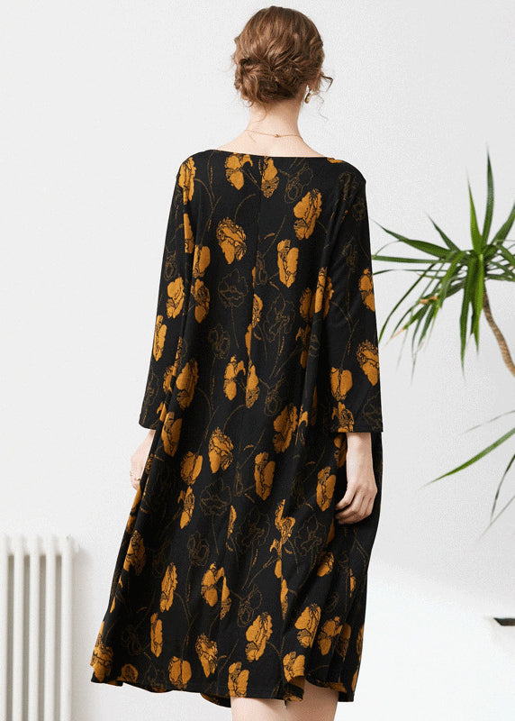 Fine Black O-Neck Oversized Print Cashmere Dresses Spring