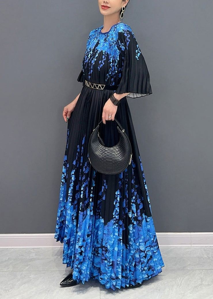 Fine Black O Neck Print Pleated Long Dresses Summer