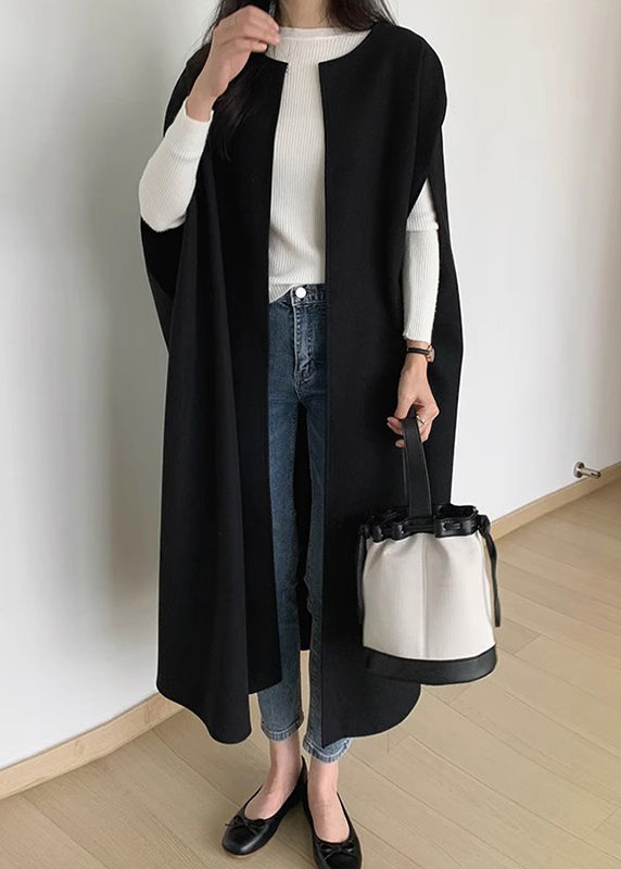 Fine Black O Neck Woolen Coats Cloak Sleeves