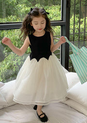 Fine Black O Neck Wrinkled Patchwork Tulle Kids Girls Dress Sleeveless