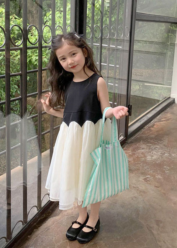 Fine Black O Neck Wrinkled Patchwork Tulle Kids Girls Dress Sleeveless