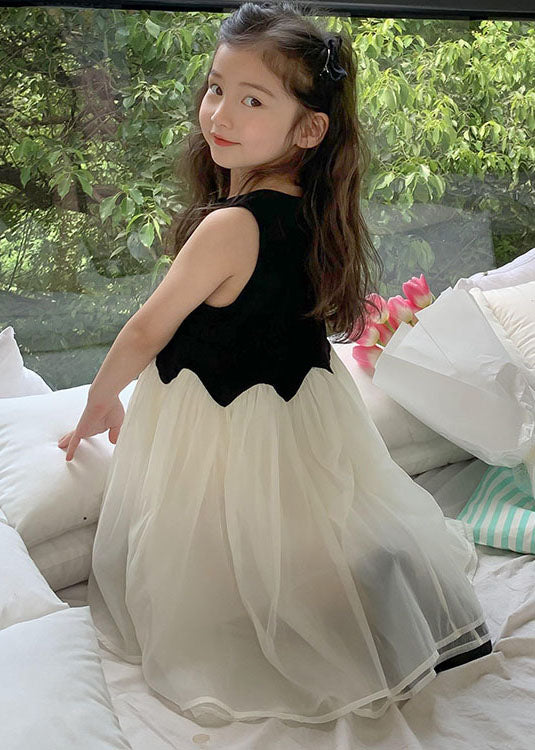 Fine Black O Neck Wrinkled Patchwork Tulle Kids Girls Dress Sleeveless