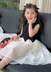 Fine Black O Neck Wrinkled Patchwork Tulle Kids Girls Dress Sleeveless