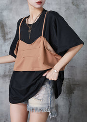 Fine Black Oversized Patchwork Cotton Fake Two Piece Tanks Summer